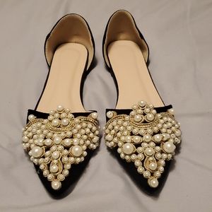 Black Pearl and Beaded Flats - Size 8